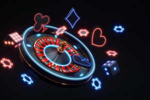 Casino neon background with roulette and poker chips falling Premium Photo
